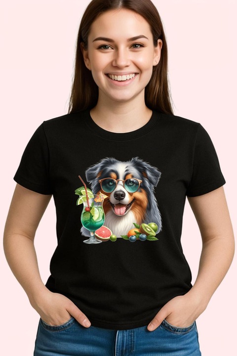 Tricou Dama caine australian shepherd ochelari cocktail verde fructe, Negru