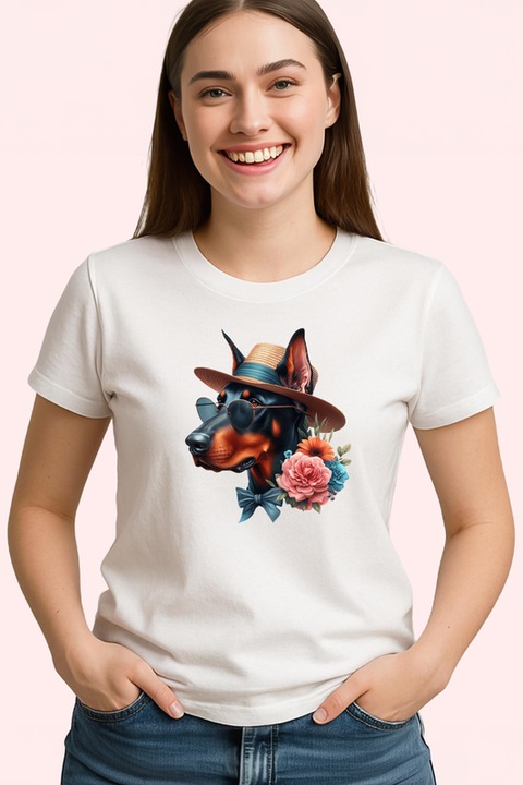 Tricou Dama caine doberman vara palarie ochelari soare floare, Alb