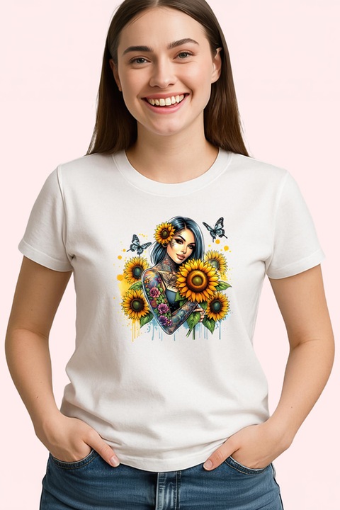 Tricou Dama confident girl sunflowers and butterflies, fata increzatoare cu flori si fluturi, Alb