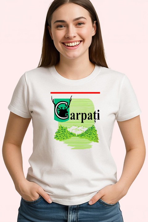 Tricou Dama carpati tigari romanesti ambalaj vintage cu cerb, Alb