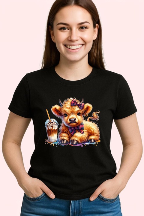Tricou Dama cute baby cow milkshake, vitel adorabil cu milkshake, Negru