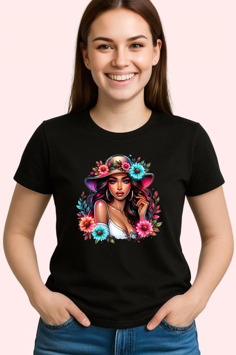 Tricou Dama elegant woman pink hat flower detail, femeie eleganta cu palarie roz si flori, Negru