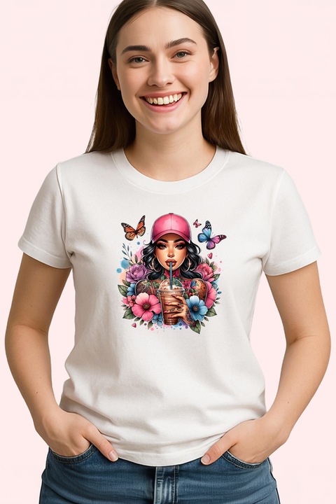 Tricou Dama girl drinking iced coffee pink cap, fata band cafea rece si sapca roz, Alb