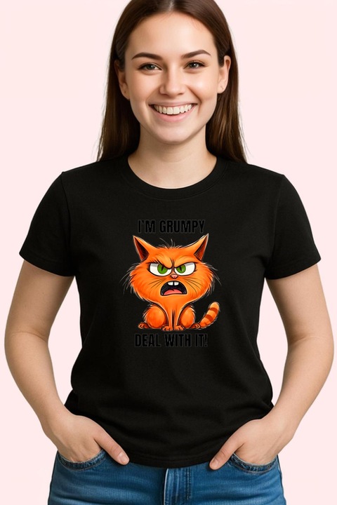 Tricou Dama grumpy cat deal with it pisica nervoasa mesaj comic, Negru