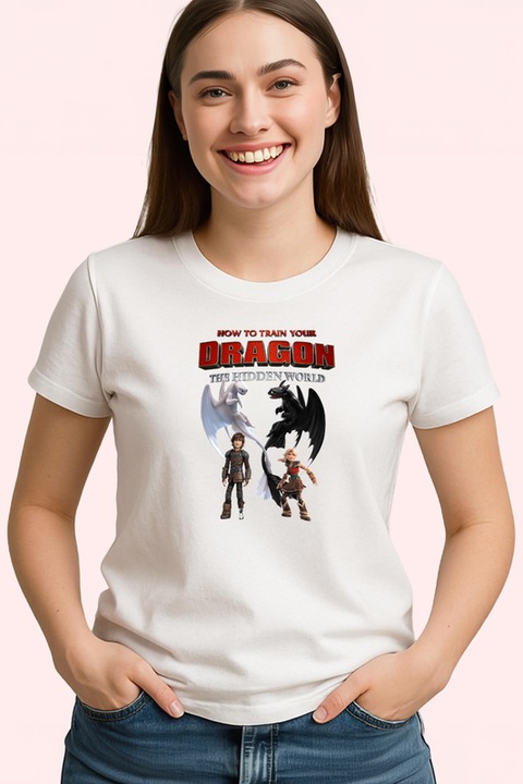Tricou How to Train Your Dragon legatura unica dintre un baiat si dragonul sau, Dama, 100% bumbac, Cri-Flo, Culoare Alb, Marime L