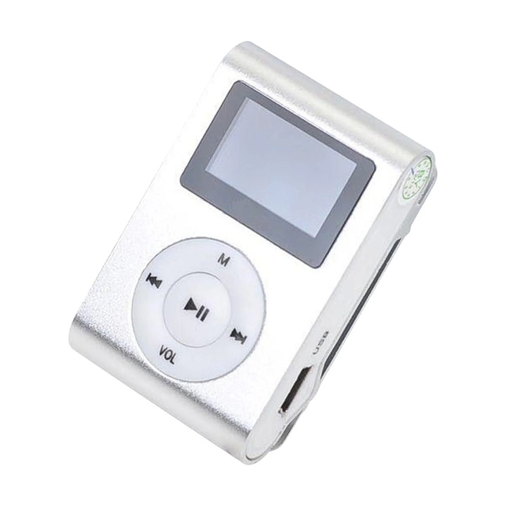 Hordozható MP3 lejátszó, LCD kijelző, akár 32 GB-os kapacitással, csipeszes kialakítás, többszínű, méretek 4,8x3x1,5 cm