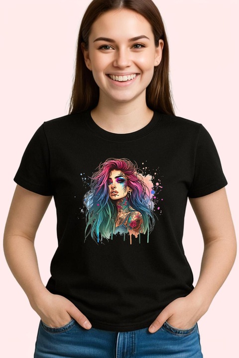 Tricou Dama long rainbow hair tattoo girl, fata cu par lung curcubeu si tatuaje, Negru