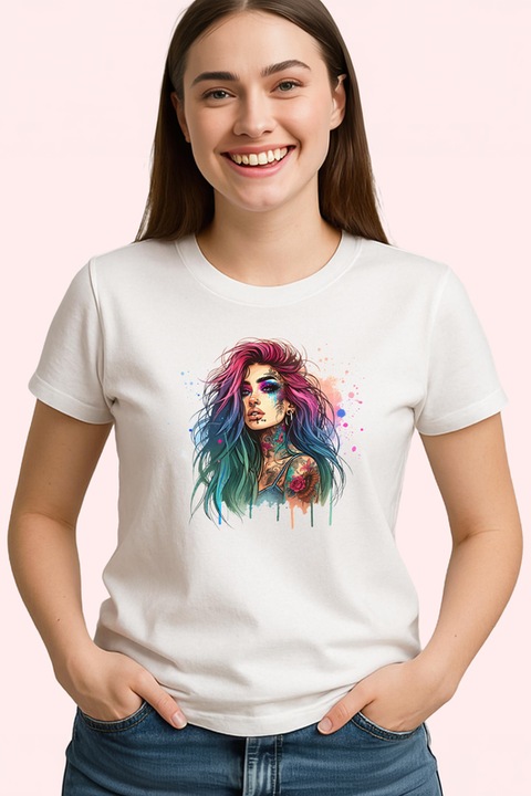 Tricou Dama long rainbow hair tattoo girl, fata cu par lung curcubeu si tatuaje, Alb