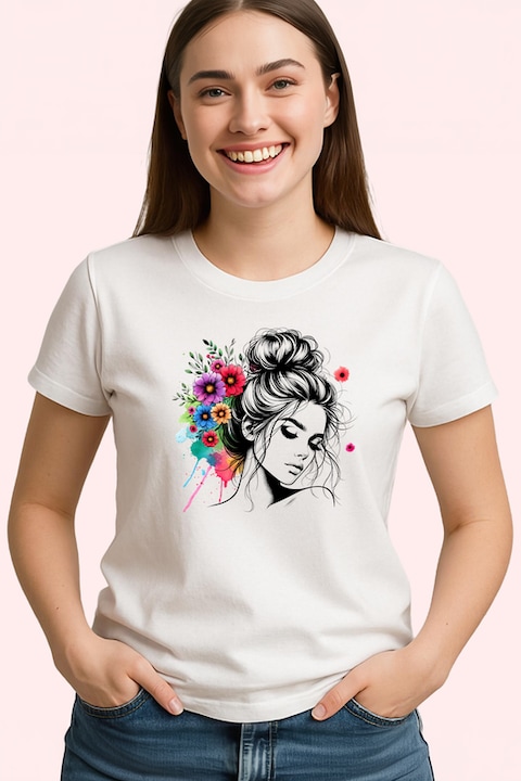 Tricou Dama messy bun girl color floral splash, fata coc lejer cu flori colorate, Alb