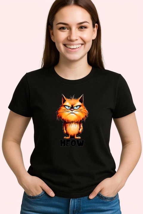 Tricou Dama pisica portocalie meow poster simpatic pentru iubitori de pisici, Negru