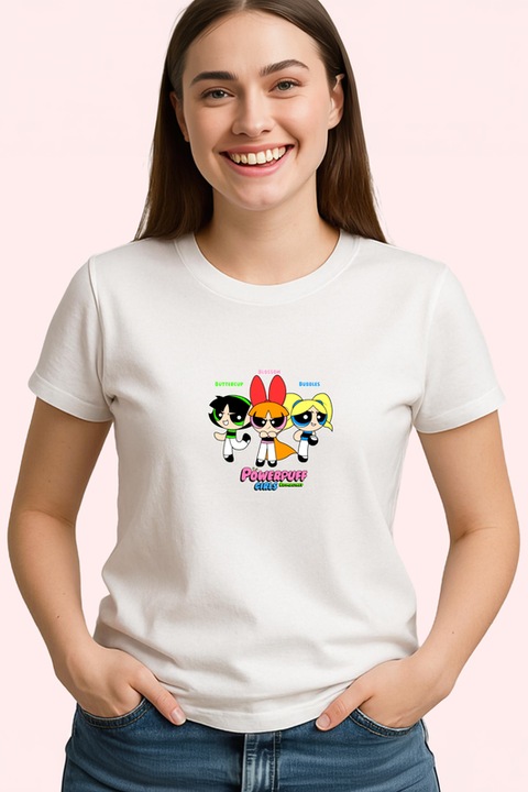 Tricou Dama powerpuff blossom bubbles si buttercup salveaza orasul zilnic, Alb