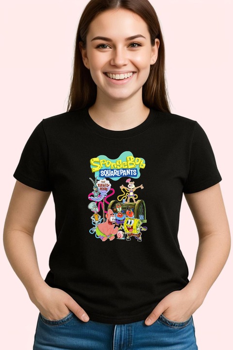 Tricou Dama spongebob echipa de personaje subacvatice langa krusty krab in aventura animata, Negru