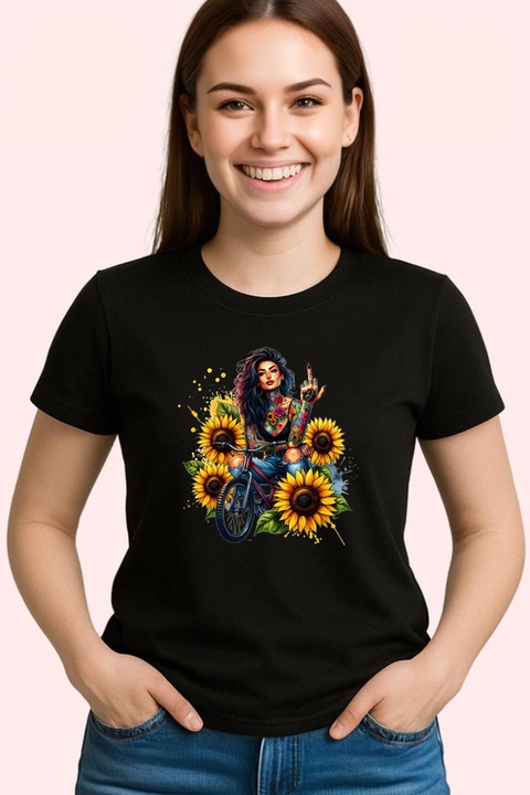 Tricou Dama sunflower unicycle rebel girl, fata rebela cu monociclu si floarea soarelui, Negru