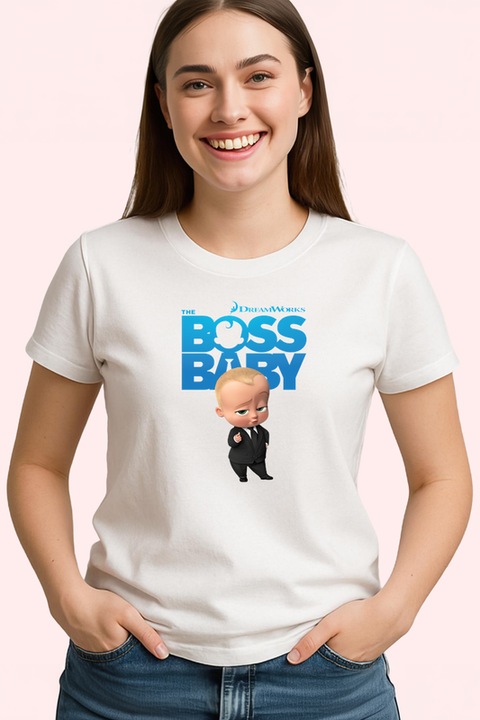 Tricou Dama The Boss Baby bebelus sef in misiuni secrete si comice, Alb