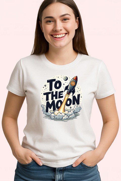 Tricou Dama to the moon bitcoin rocket, pana la luna racheta bitcoin, Alb