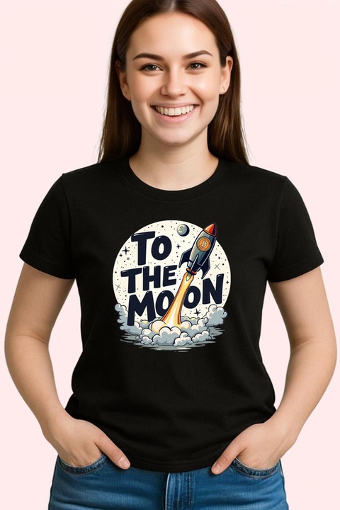 Tricou Dama to the moon bitcoin rocket, pana la luna racheta bitcoin, Negru
