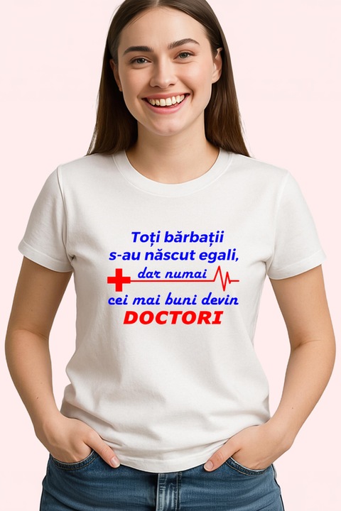 Tricou Dama tori barbatii s-au nascut egali dar numai cei mai buni au devin doctori, Alb