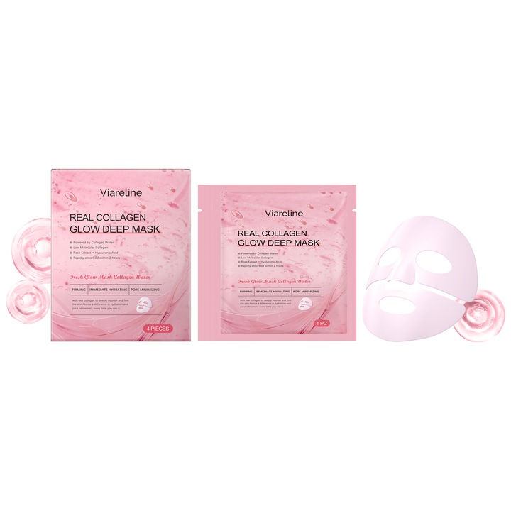 Masca hidratanta cu colagen Viareline, set 2 bucati, cu extract de trandafir si acid hialuronic, pentru ingrijirea delicata a pielii