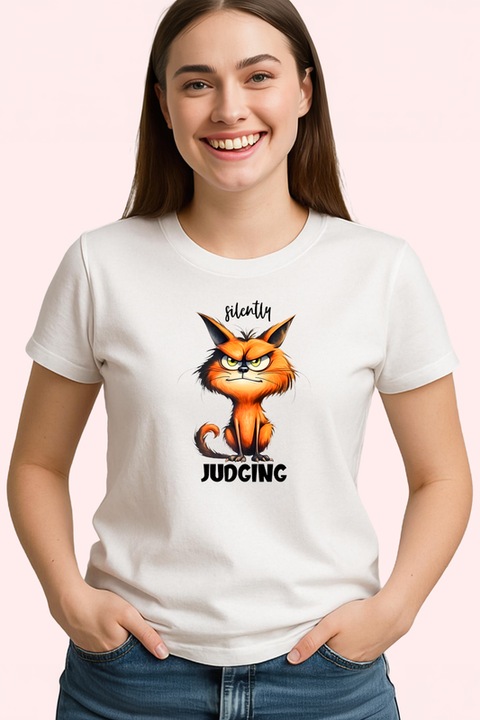 Tricou Dama pisica sarcastica silently judging ilustratie glumeata, Alb