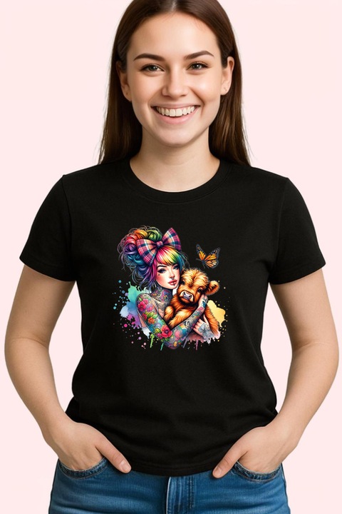 Tricou girl hugging puppy with bow, fata cu catelus si fundita, Dama, 100% bumbac, Cri-Flo, Culoare Negru, Marime L