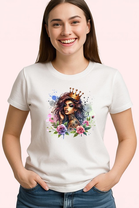 Tricou Dama royal crown girl roses tattoo art, fata cu coroana regala si tatuaj trandafiri, Alb