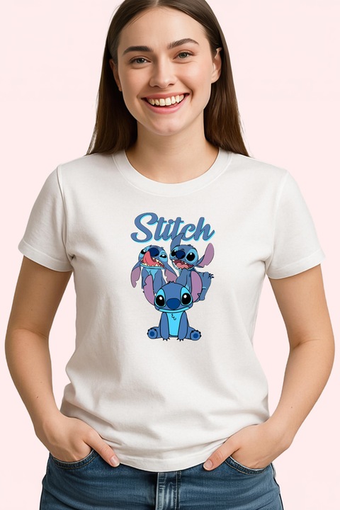 Tricou Dama stitch extraterestrul albastru adorabil si aventurile sale pe pamant, Alb