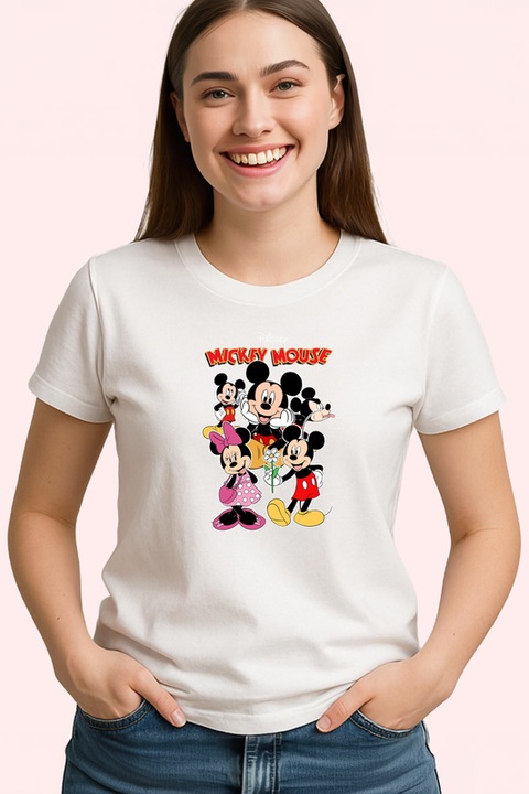 Tricou Dama Mickey Mouse personajul iconic Disney alaturi de prietenii sai, Alb