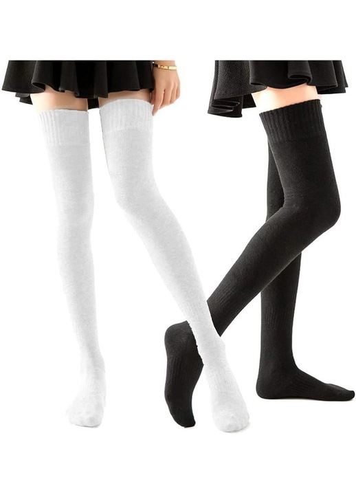 Комплект дамски чорапи от 2 чифта, дълги, черно-бели, изработени от памук, висока еластичност, 80 см