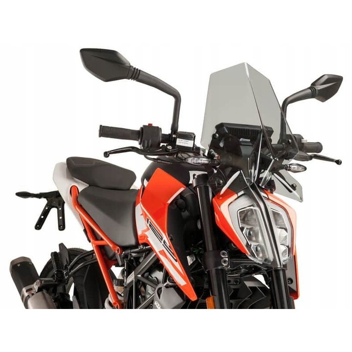 Предно стъкло за мотоциклет, KTM 125/390 Duke 2017-2021, Puig, 415x330 мм, 3 мм акрил, леко тъмен цвят, включен монтажен комплект