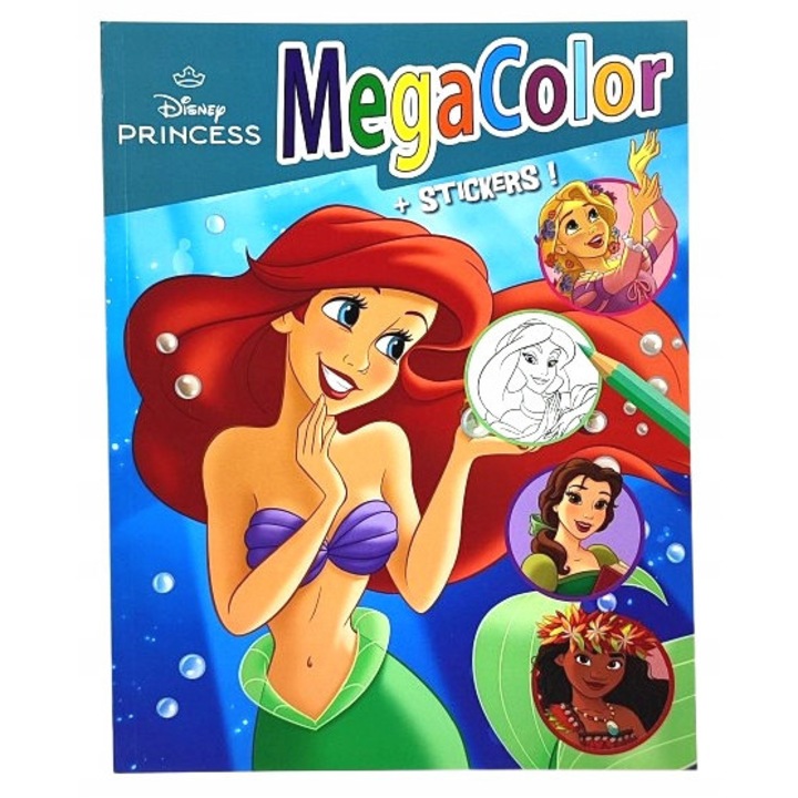 Caiet de colorat Disney Megacolor cu stickere, Ariel si altele, 128 pagini A4, multicolor