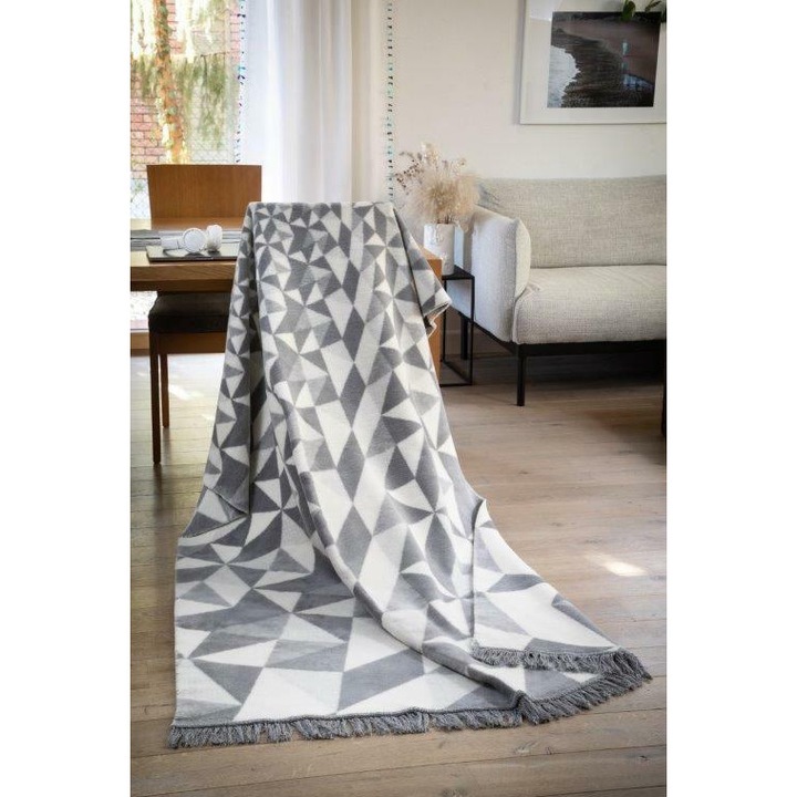 Patura Unia, 150x200 cm, bumbac-acril, alb-gri, cu franjuri