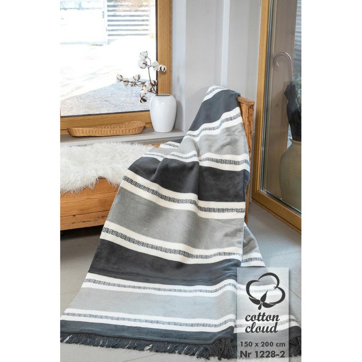 Cuvertura Unia 150x200cm bumbac crem-gri cu franjuri