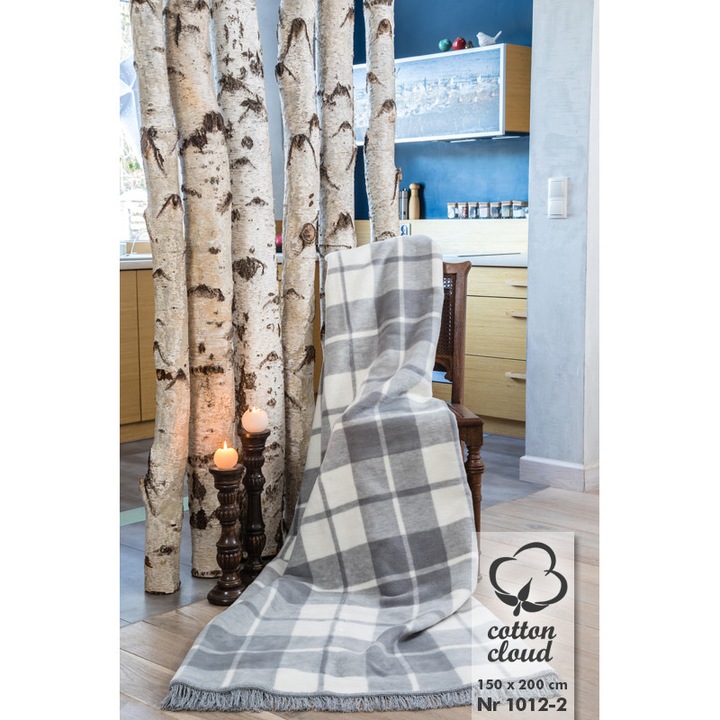 Cuvertura Unia, 150x200 cm, bumbac-acril, crem-gri, cu franjuri