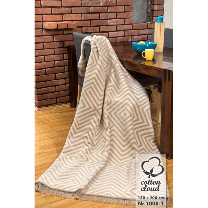 Cuvertura Unia, 150x200 cm, bumbac-acril, bej, model zigzag