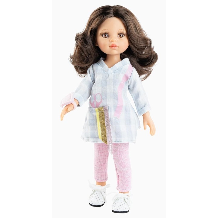 Paola Reina Carol baba, 32 cm, vinil, barna haj, kék blúz, nyitott harisnyanadrág, fehér csizma