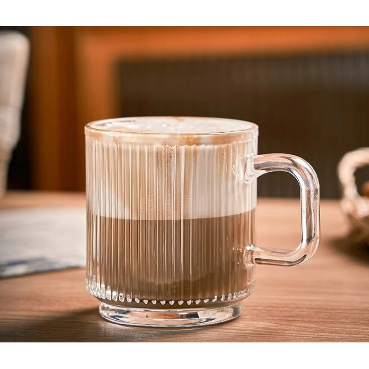 LUXITO Strips Bordázott bögre, 360 ml, átlátszó üveg, elegáns dizájn, füllel