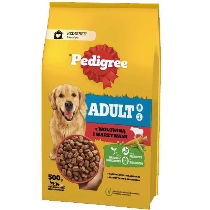 Hrana pentru caini Pedigree Adult cu vita si legume, 500g, pentru rase medii si mari