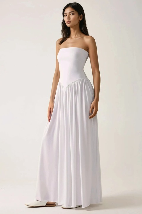 Rochie maxi HiCCUP, fara bretele, alb, jerseu, cu buzunare ascunse