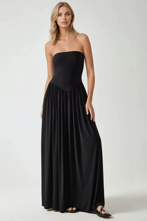 Rochie maxi HiCCUP, fara bretele, neagra, jerseu, cu buzunare ascunse