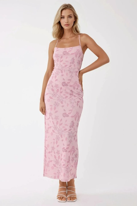 Rochie maxi, HiCCUP, imprimeu, decolteu patrat, roz, tul