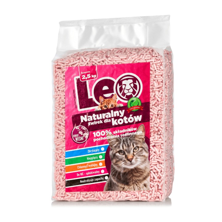 Nisip pentru litiera pentru pisici Leo, naturala, ecologica, fara praf, aroma de floare de cires, 2,5 kg