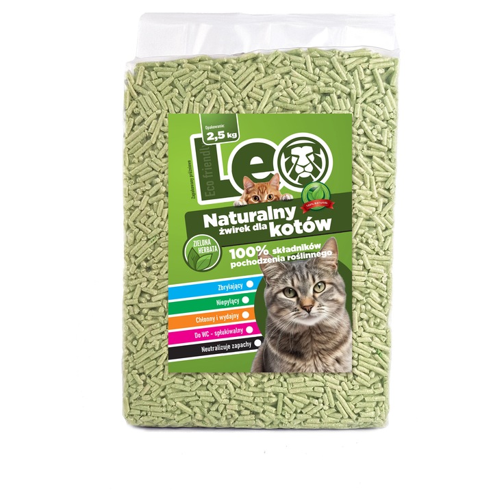 Nisip pentru pisici, Leo, tofu, natural, fara praf, aroma de ceai verde, 2,5 kg