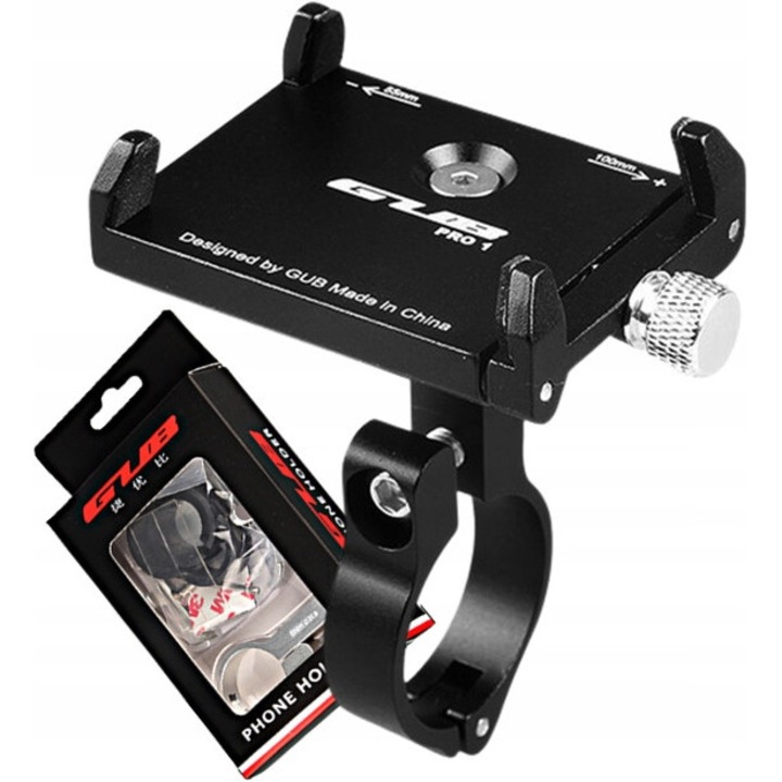 Suport telefon GUB PRO1, aluminiu, negru, pentru biciclete, motociclete, hulajgone, 50-100mm