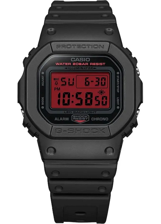 Ceas G-SHOCK Casio DW-5600BBR-1ER, sport, negru, rosu, 43mm, rezistent la apa 200m