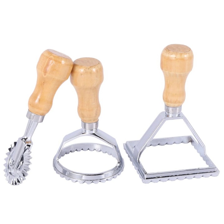 Ravioli stancoló gép görgős vágóval, fa nyelű forma hullámos szélhez, konyhai tartozék tészta préshez