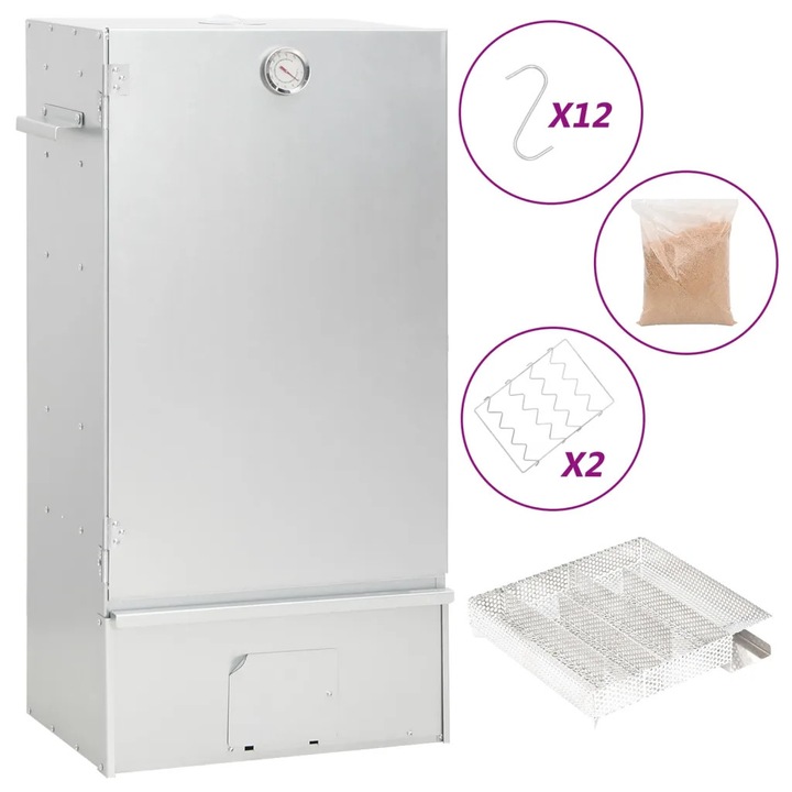 Gratar de gradina, vidaXL, cu generator de fum rece, otel galvanizat, spatiu mare de fum, termometru