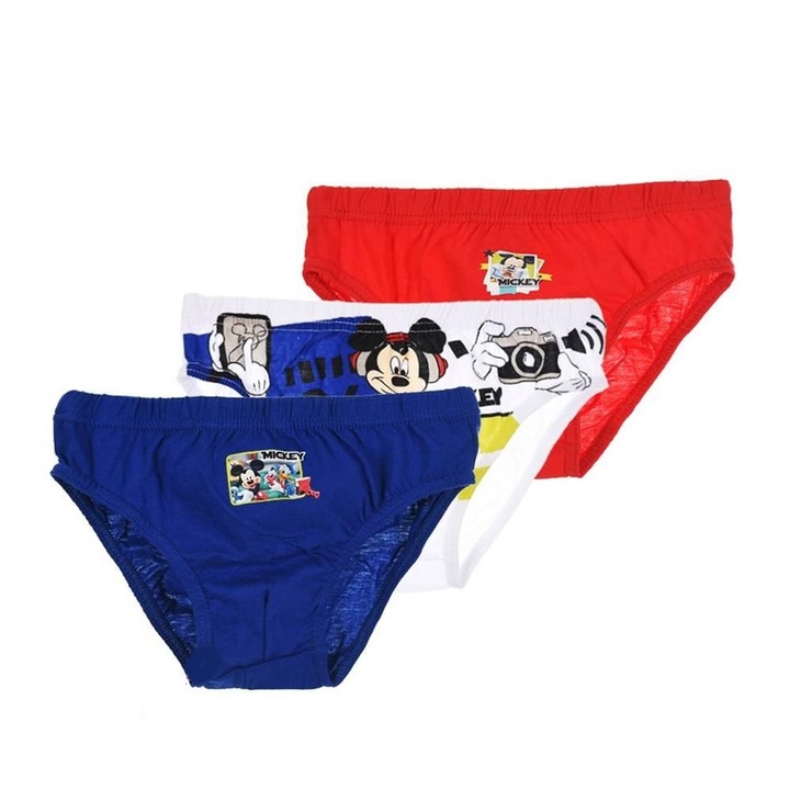 Set 3 perechi chilotei, baieti, Disney, Mickey Mouse, Rosu/Alb/Albastru, 116-128 CM