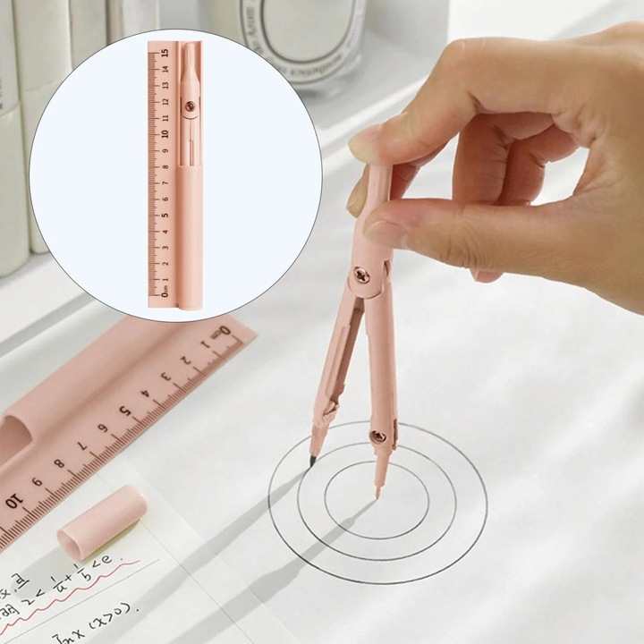 Set rechizite scolare, kit geometrie metalic, rigla, compas, culoare asortata