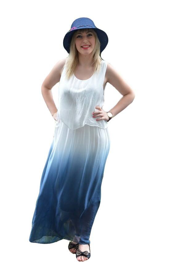 Rochie lunga , decolteu rotund, fara maneca,D&J Exclusive, Alb/Bleumarin
