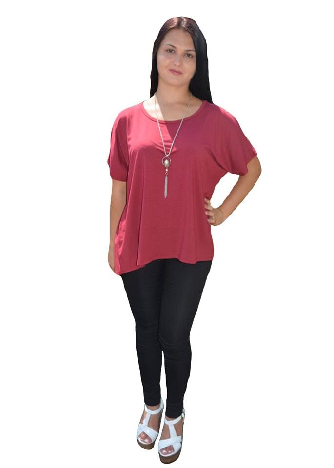 Bluza cu maneca scurta, tip tricou asimetric,masura mare,D&J Exclusive,, Rosu marsala